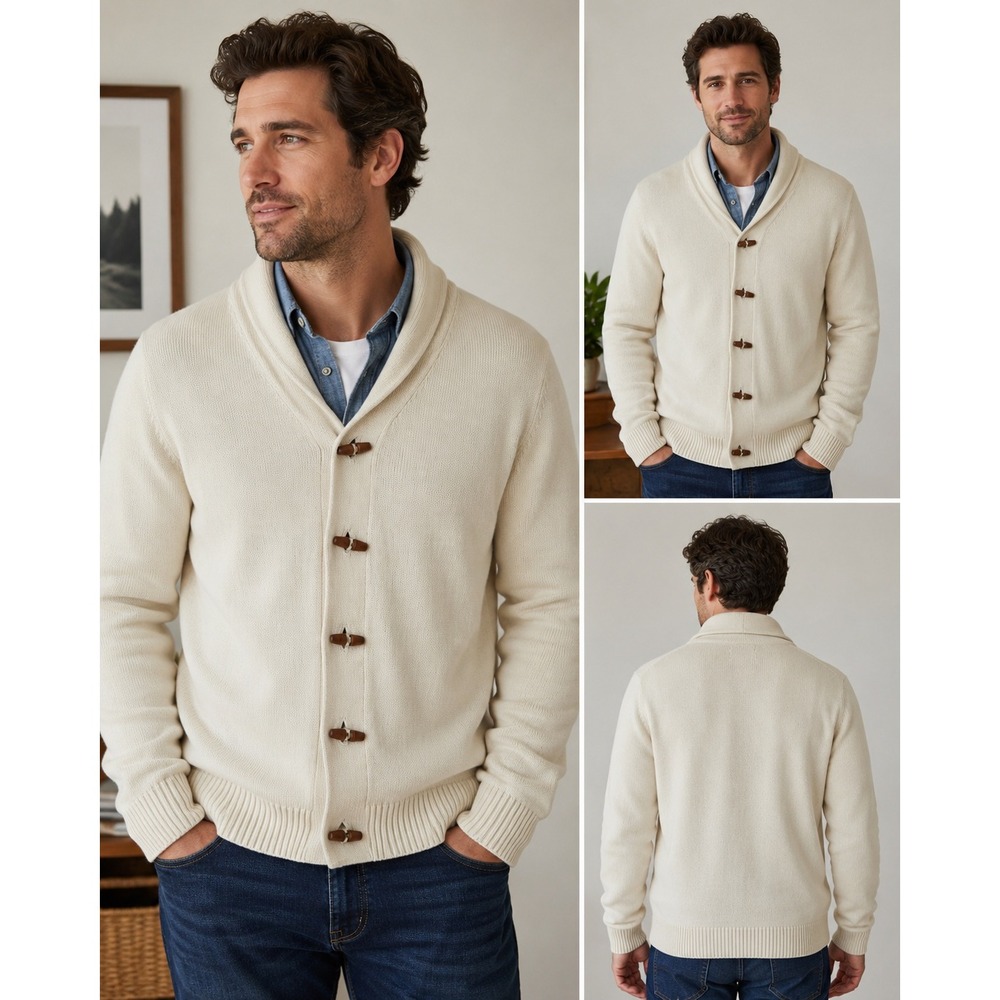 Southern Pines Cardigan Shawl Collar Wood Toggle Cotton Knit Cream Beige XL